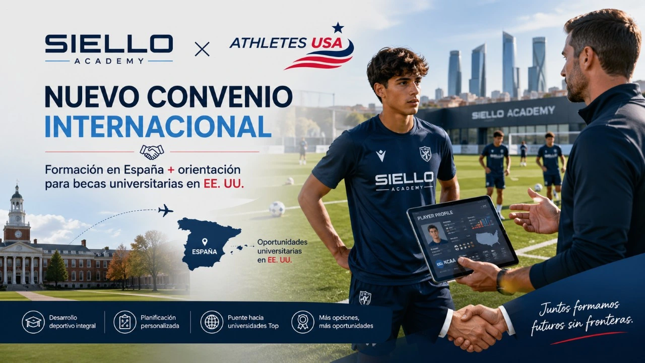 Jugador de Siello Academy en España junto a coach revisando su perfil deportivo para una ruta universitaria con Athletes USA en Estados Unidos.
