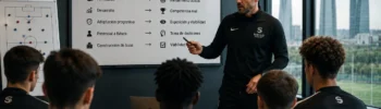Siello Academy coach explaining how the football pathway changes for players over 18, focusing on performance, competition, exposure and decision-making in Madrid