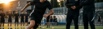 Young football player training in Madrid while Siello Academy coaches assess his performance within a structured football development process