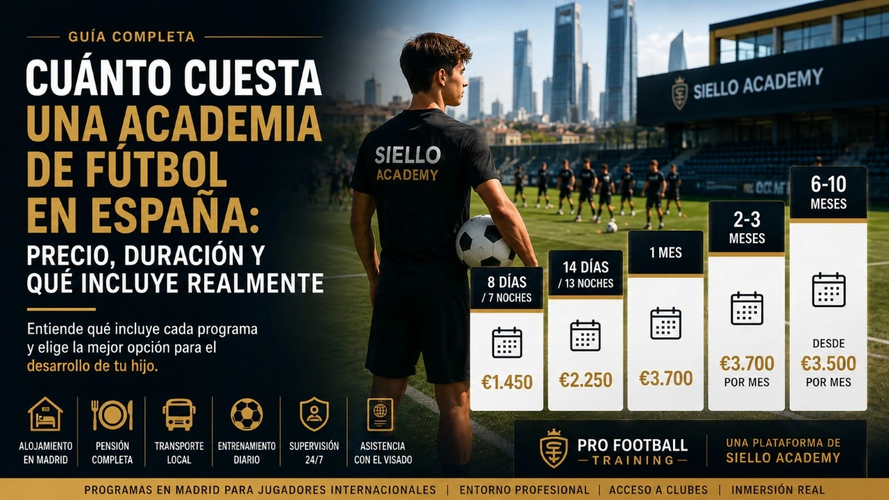 Jugador internacional en una academia de fútbol en Madrid revisando precios, duración y qué incluye un programa serio de entrenamiento en España