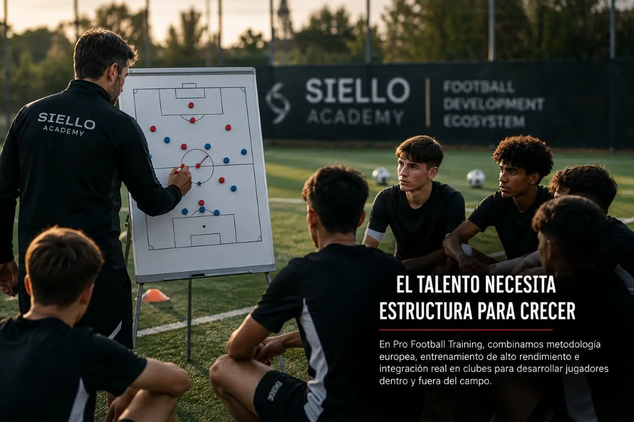 Coach de Siello Academy explicando una evaluación táctica a jugadores durante un proceso de entrenamiento previo a un tryout de fútbol en Madrid