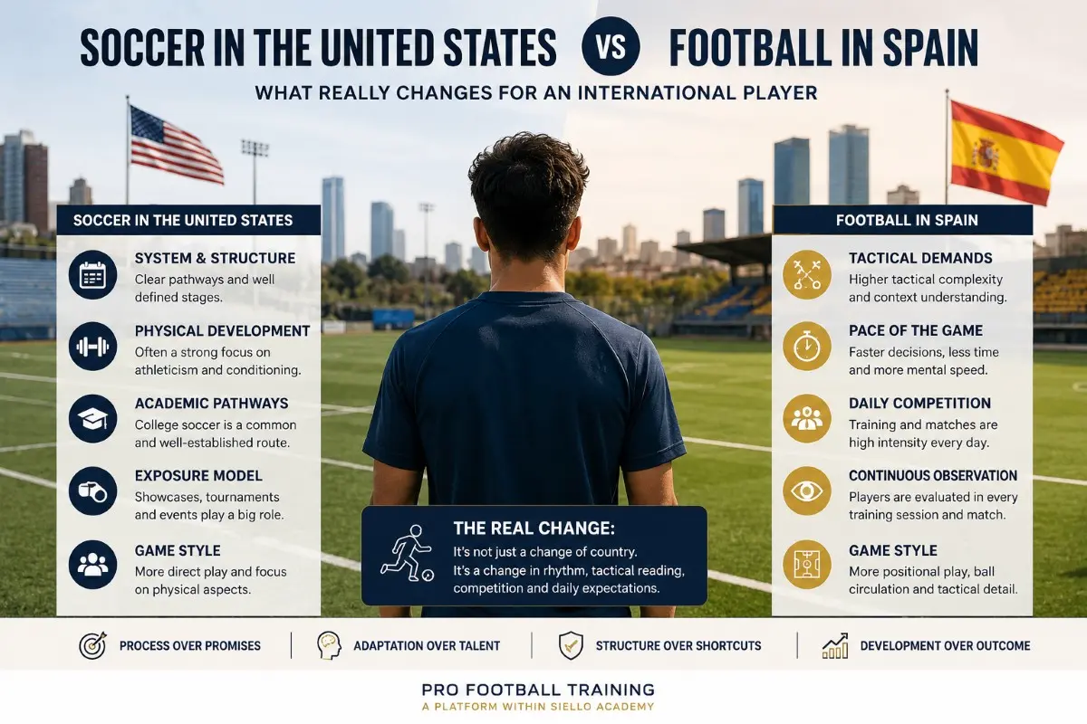Infographic comparing U.S. soccer and football in Spain for an international player adapting to a different development environment