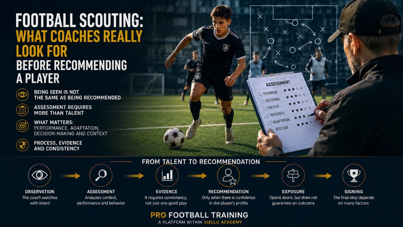 Coach assessing a young football player during a scouting session with focus on performance, adaptation, decision-making and competitive context