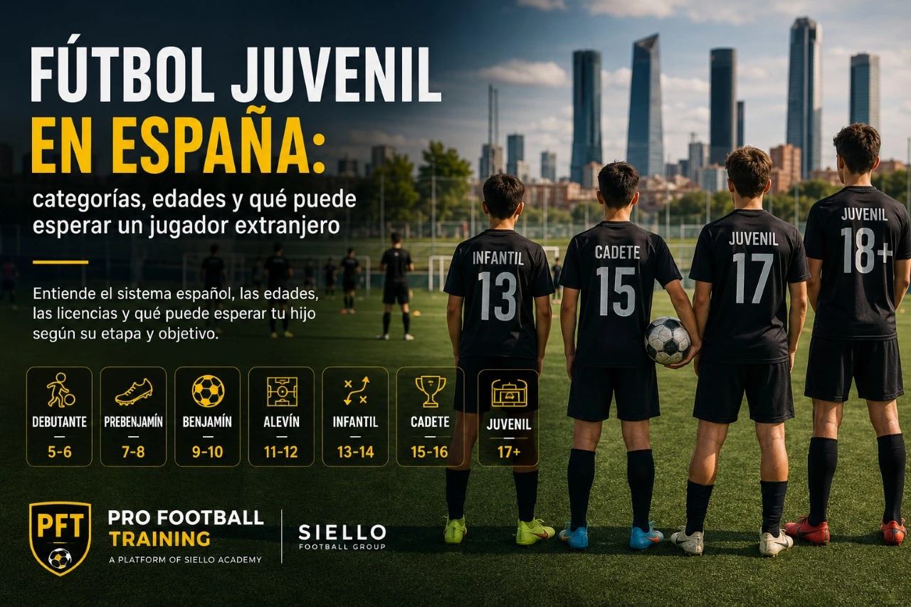 Imagen sobre fútbol juvenil en España con jugadores por edades, categorías formativas y orientación para familias internacionales que evalúan un programa en Madrid.