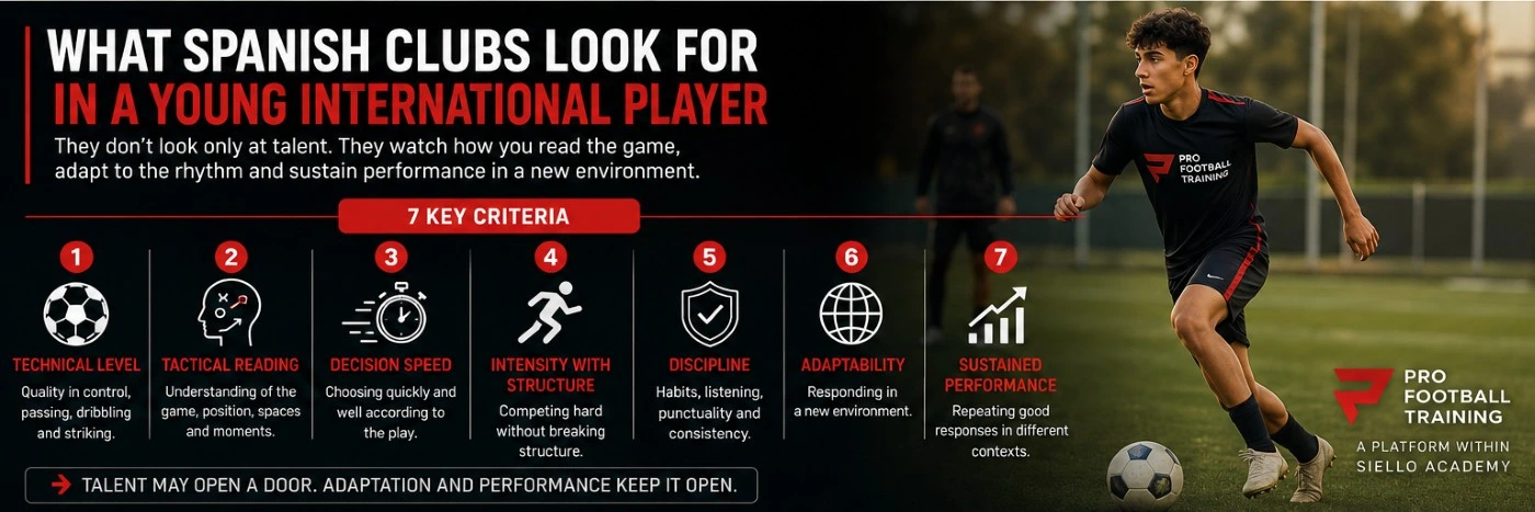 Pro Football Training coach guiding a young international player in Madrid on tactical reading, decision speed, discipline, adaptation and sustained performance