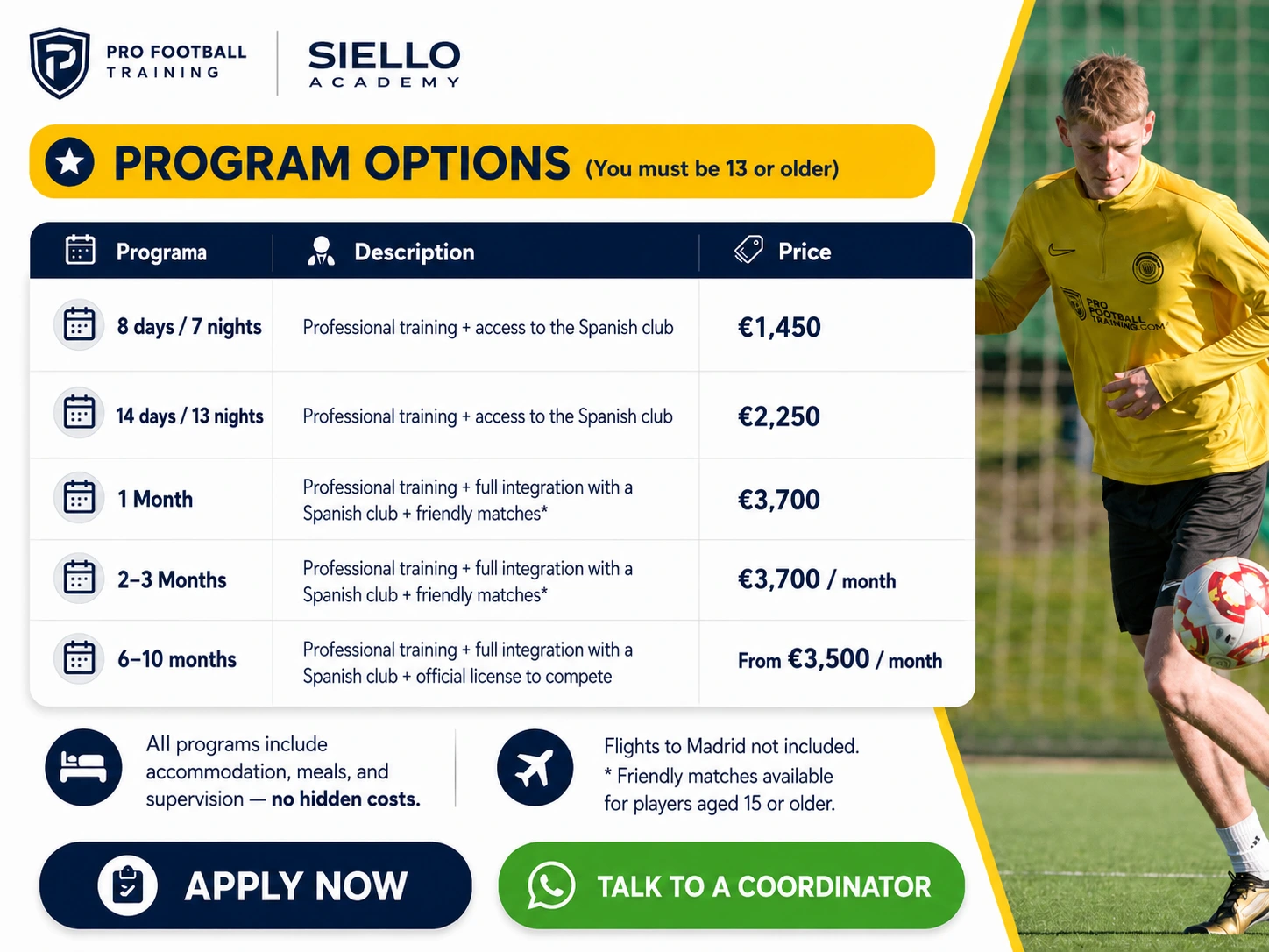 Football program options in Spain showing duration, pricing and included benefits from Pro Football Training and Siello Academy.