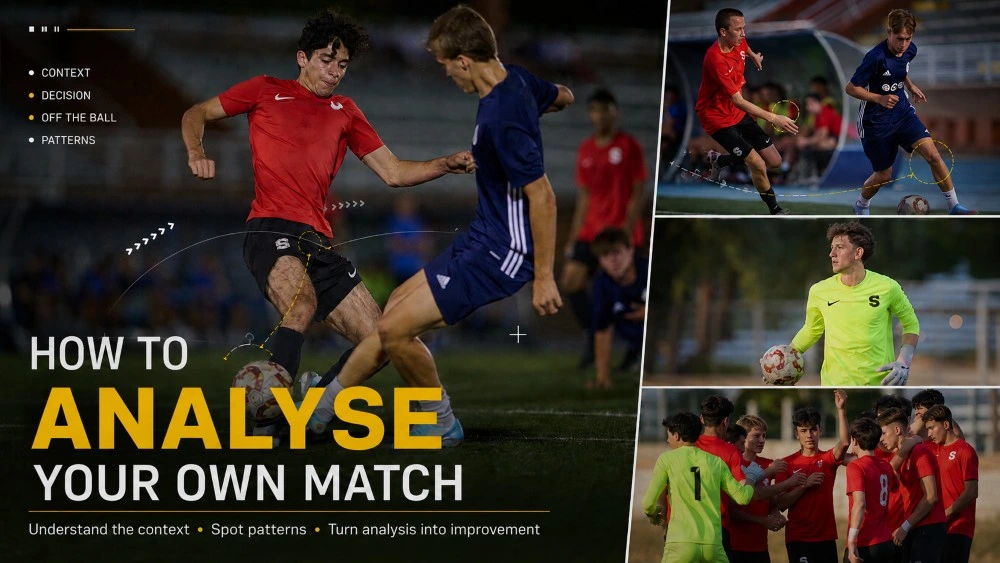 Real football match situations illustrate how players can analyse context, decisions, off-the-ball movement and recurring performance patterns.