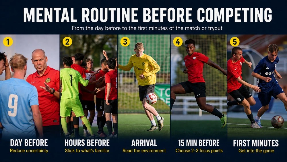 Infographic showing five stages of a mental routine before a football match or trial, from the day before to the opening minutes.