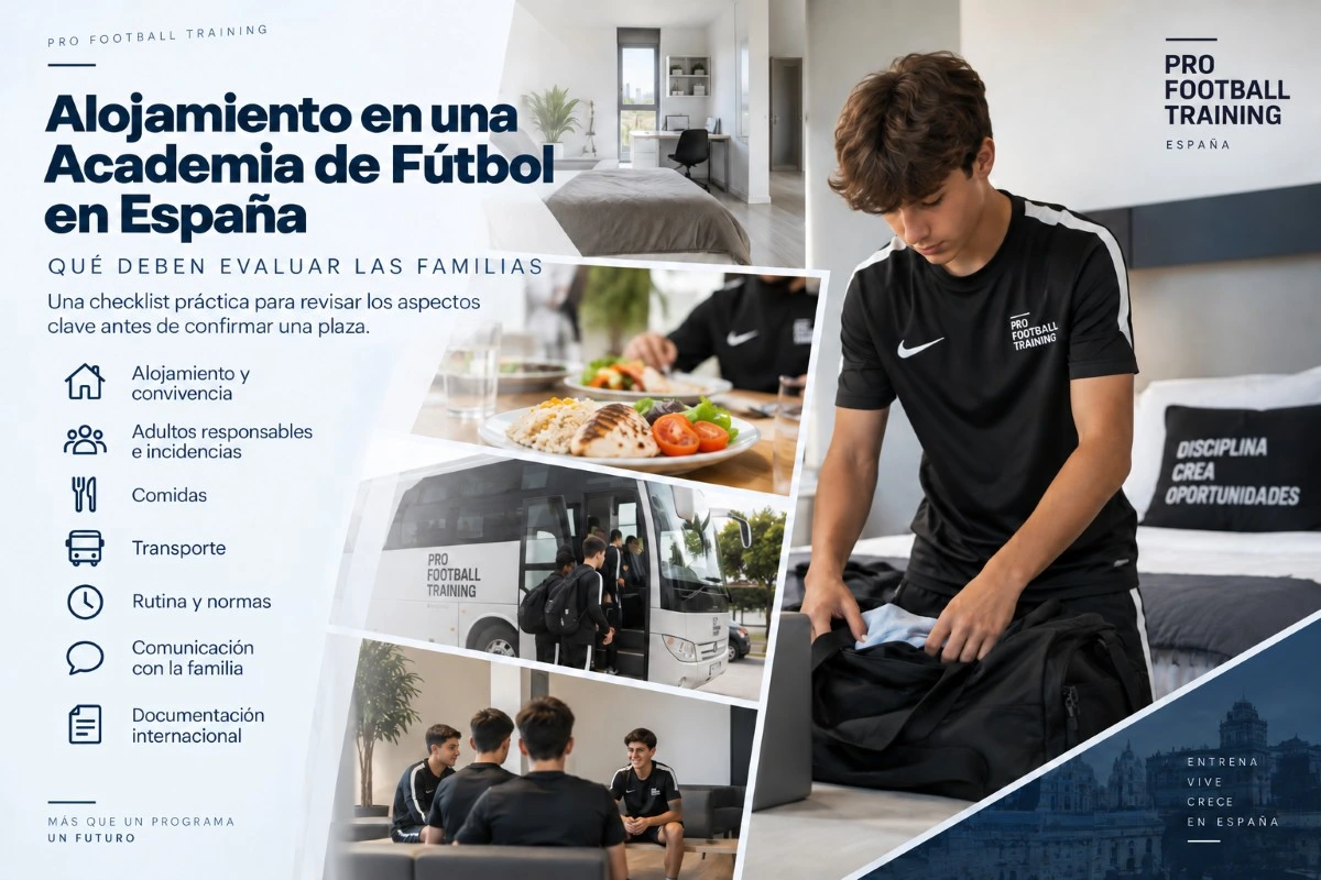 Infografía sobre qué debe evaluar una familia en el alojamiento de una academia de fútbol en España, incluyendo convivencia, responsables, comidas, transporte, normas y documentación.
