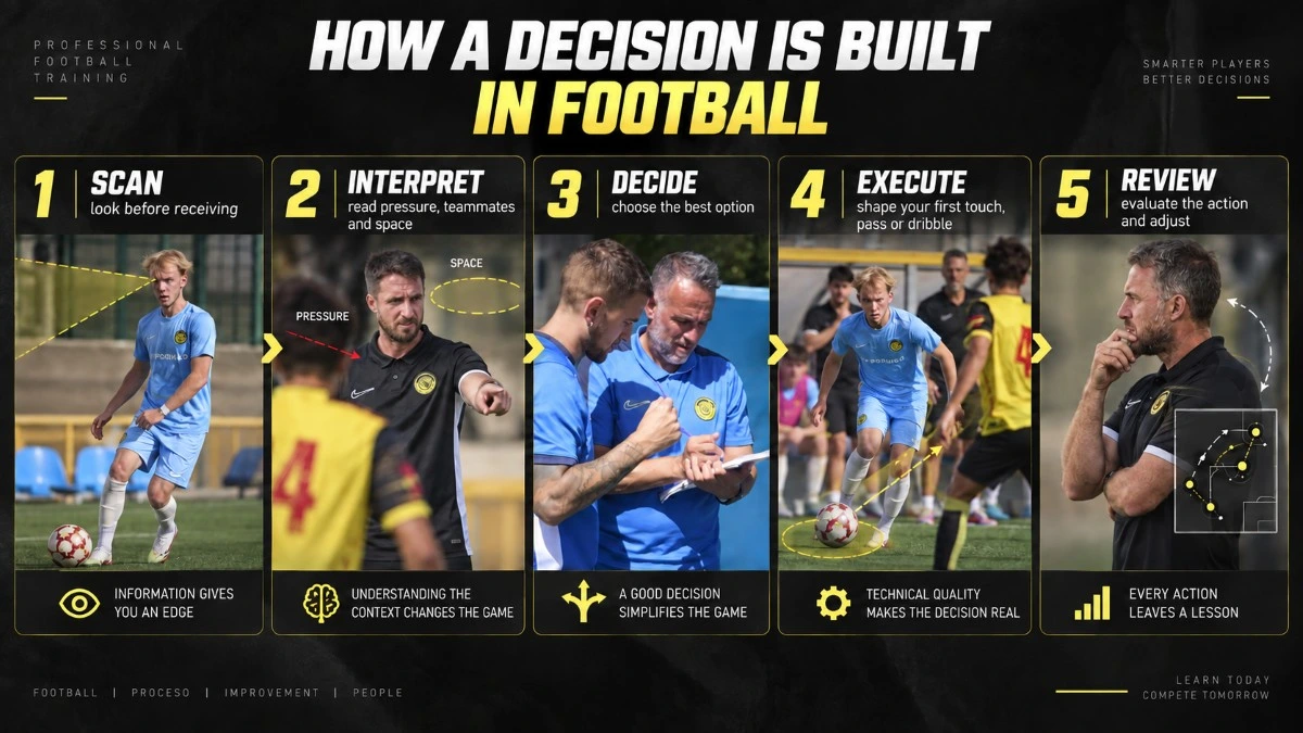 Infographic showing the football decision-making process: scan, interpret, decide, execute and review.