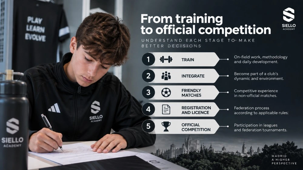 Infographic showing the stages from training and club integration to friendly matches, player registration and licensing, and official football competition in Spain.