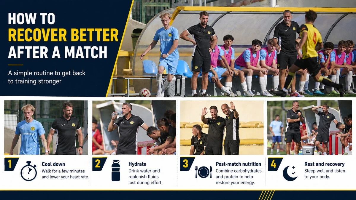 Infographic showing a post-game recovery routine for soccer players, including cooling down, hydration, nutrition and rest.