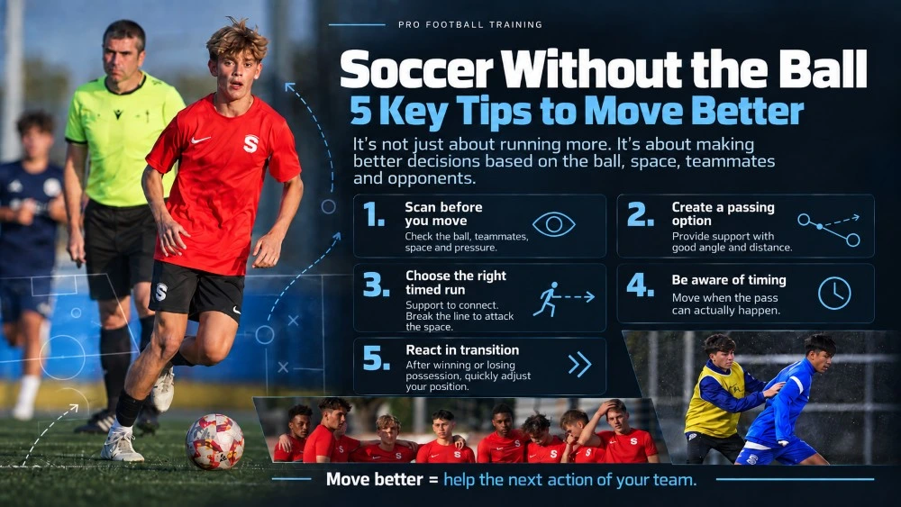 Infographic showing five ways to improve off-the-ball movement in soccer through scanning, support, runs, timing and transition reactions.