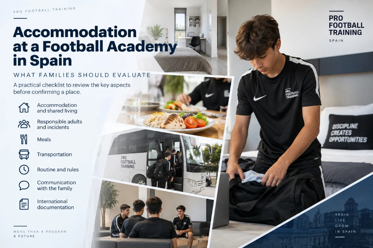 Infographic showing what families should evaluate in soccer academy accommodation in Spain, including shared living, responsible adults, meals, transportation, routines and documentation.