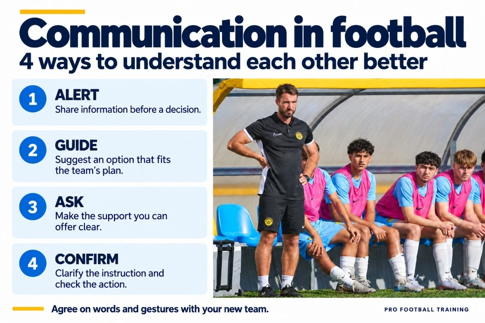 Football communication infographic showing four functions—alert, guide, ask and confirm—beside a coach and players on the bench.