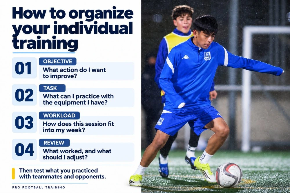 Photo of two soccer players alongside four questions for planning individual training: objective, task, workload and review.