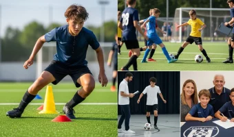 Young football players at different stages (training and competition) illustrating the essential guide for families and athletes on how to differentiate between training, competing, exposure and signing in Spanish football.