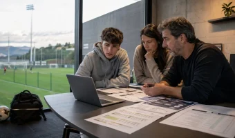 International player and his parents reviewing different formats of football academies in Europe in front of a training pitch