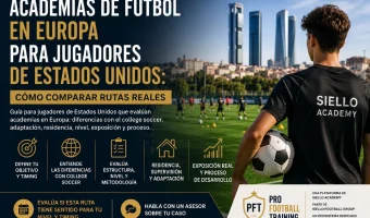 Jugador de Estados Unidos evaluando academias de fútbol en Europa en un campo de entrenamiento en Madrid con enfoque en adaptación, residencia, nivel y proceso