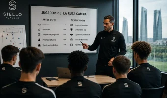 Siello Academy coach explaining how the football pathway changes for players over 18, focusing on performance, competition, exposure and decision-making in Madrid