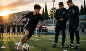 Young football player training in Madrid while Siello Academy coaches assess his performance within a structured football development process