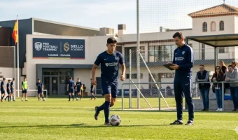 Young footballer dribbling a ball under the coach's evaluation at the Pro Football Training facility, Siello Academy, Madrid, Spain.