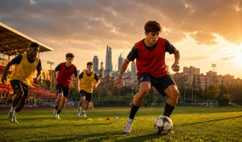 young international footballers train with the ball in Madrid during a high-performance development session shaped by Spanish football principles.