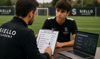 Entrenador de Siello Academy evaluando el perfil de un joven futbolista en Madrid para saber si tiene nivel, madurez y adaptación para una academia de fútbol en España