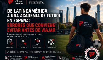 Jugador latinoamericano llegando a una academia de fútbol en Madrid mientras evalúa perfil, documentos, adaptación y expectativas antes de viajar a España