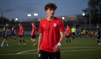 Young football player focused before a night match or football trial on the pitch.