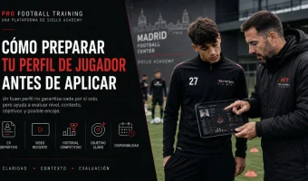 Jugador joven preparando su perfil futbolístico con un entrenador en Madrid antes de aplicar a una academia de fútbol en Europa