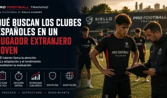 Jugador extranjero joven en Madrid recibiendo orientación de un entrenador sobre lectura táctica, decisión rápida, intensidad, disciplina y adaptación al fútbol español