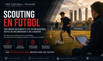 Coach observing and assessing a young football player during a scouting session in Madrid with focus on performance, decision-making, adaptation and consistency