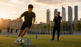 Young football player training in Madrid under coach observation as part of a process focused on adaptation, discipline and performance before seeking exposure